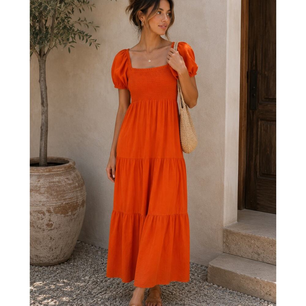 Daily Practice Orange Tiered Summer Dress Womens M Smocked Puff Shoulder Cottage